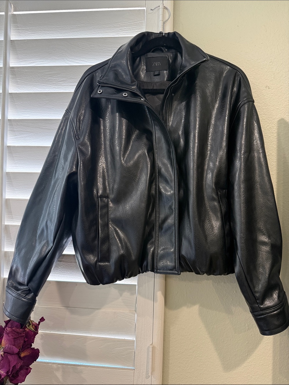 ZARA Black Faux Leather Bomber-Style Jacket